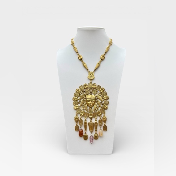 GOLDETTE Signed 1960s Egyptian Revival Pendant Necklace w/Agate Gemstone Tassels - Picture 3 of 15
